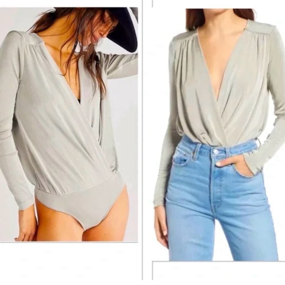 Express Long-Sleeve Surplice Bodysuit in Light Sage Green